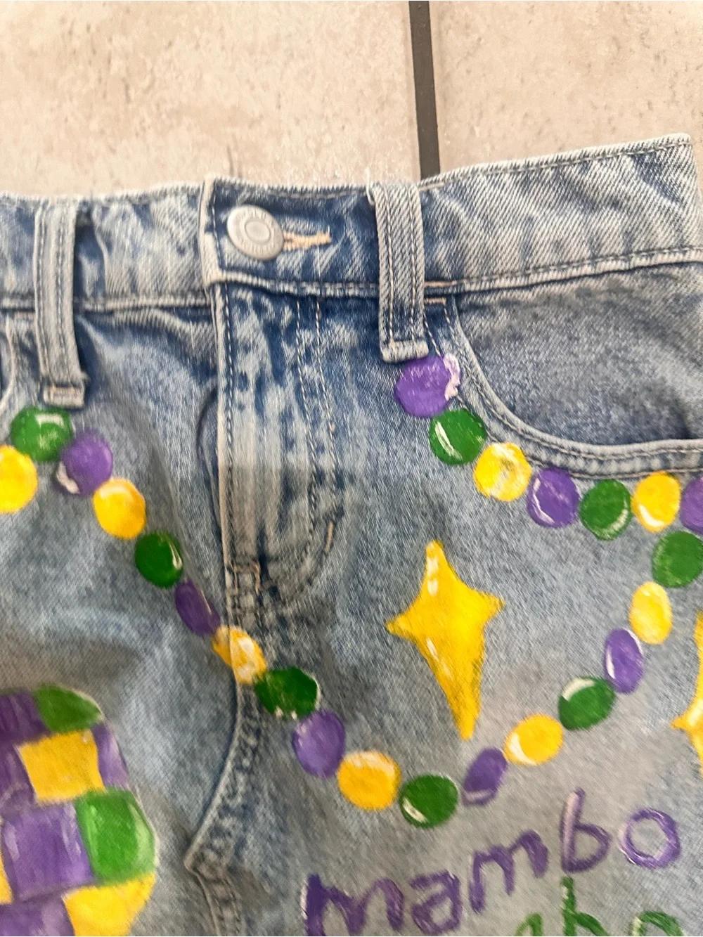 Hand-Painted Denim Skirt with Mardi Gras Motif Mardi Gras Mambo Kids